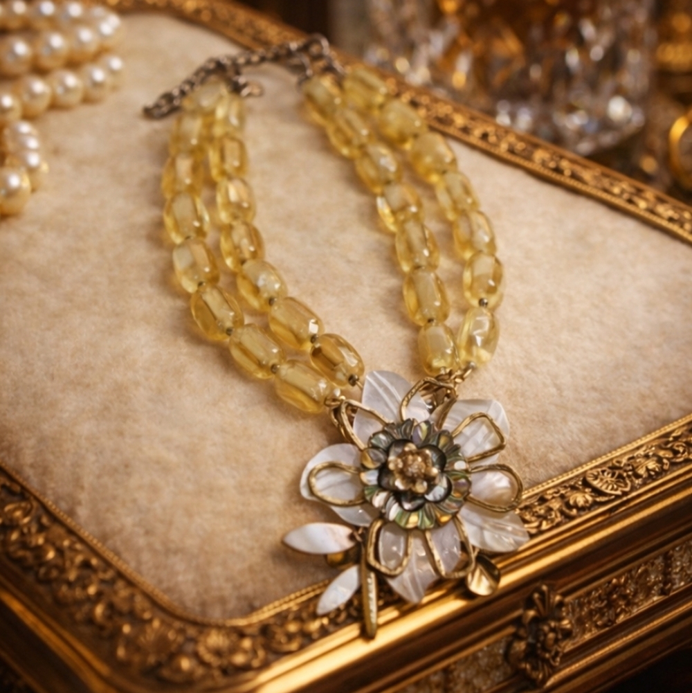 Vintage Early 80's Lucite Mother of Pearl Pendant Double Strand Necklace
